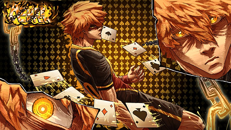 Azure Latch key art: a golden-eyed striker scattering playing cards on a gold patterned field